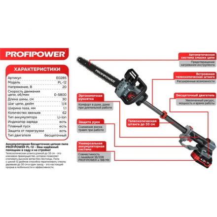 Пила цепная аккумуляторная Profipower PL-12 / E0285 Пила цепная аккумуляторная Profipower PL-12 / E0285