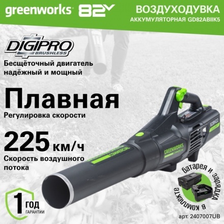 Воздуходувка аккумуляторная Greenworks GD82ABIIK5 / 2407007UB Воздуходувка аккумуляторная Greenworks GD82ABIIK5 / 2407007UB