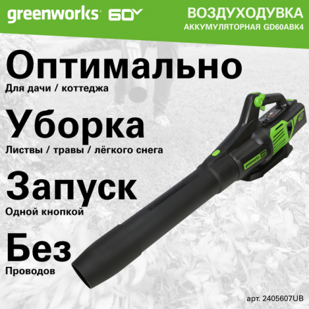 Воздуходувка аккумуляторная Greenworks GD60ABK4 / 2405607UB (с АКБ 4АЧ и ЗУ) Воздуходувка аккумуляторная Greenworks GD60ABK4 / 2405607UB (с АКБ 4АЧ и ЗУ)
