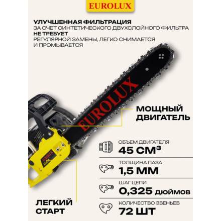 Бензопила цепная EUROLUX GS-4518 (70/6/25) Бензопила цепная EUROLUX GS-4518 (70/6/25)