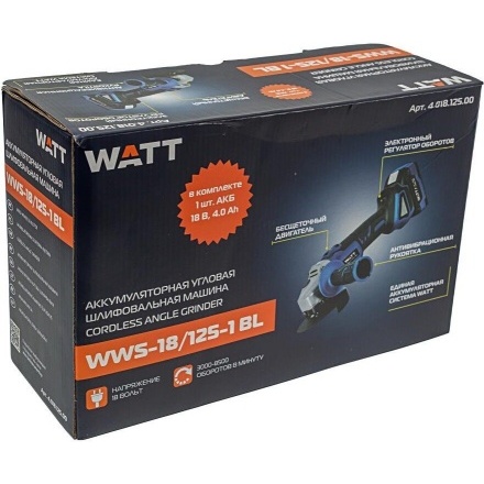 Угловая шлифмашина WATT WWS-18/125-1 BL 4.018.125.00 (с 1-им АКБ) Угловая шлифмашина WATT WWS-18/125-1 BL 4.018.125.00 (с 1-им АКБ)