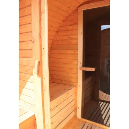 Баня-бочка ComfortProm 3 метра с печным узлом и предбанником + крыльцо Баня-бочка ComfortProm 3 метра с печным узлом и предбанником + крыльцо