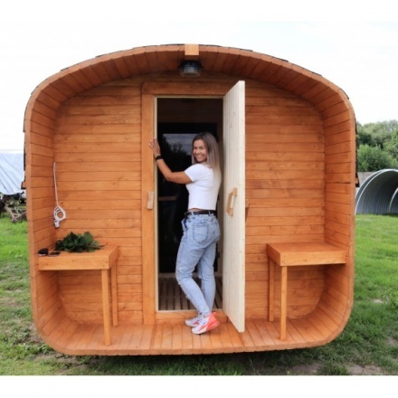 Баня квадро-бочка ComfortProm 5 метров с печным узлом, предбанником и помывочной + крыльцо Баня квадро-бочка ComfortProm 5 метров с печным узлом, предбанником и помывочной + крыльцо