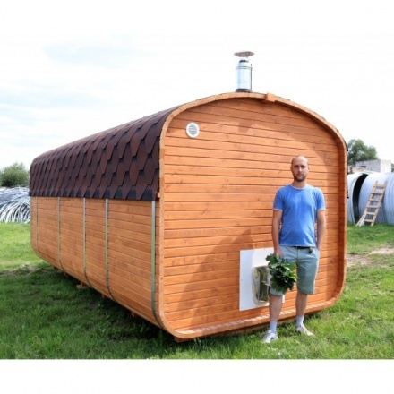 Баня квадро-бочка ComfortProm 5 метров с печным узлом, предбанником и помывочной + крыльцо Баня квадро-бочка ComfortProm 5 метров с печным узлом, предбанником и помывочной + крыльцо