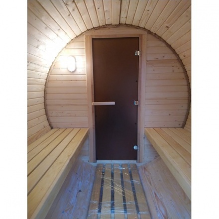 Баня-бочка ComfortProm 5 метров с печным узлом и помывочной + козырек Баня-бочка ComfortProm 5 метров с печным узлом и помывочной + козырек
