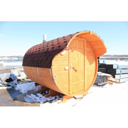 Баня-бочка ComfortProm 3 метра с печным узлом и предбанником + козырек Баня-бочка ComfortProm 3 метра с печным узлом и предбанником + козырек
