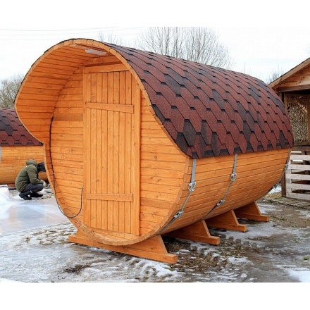 Баня-бочка ComfortProm 3 метра с печным узлом и предбанником + козырек Баня-бочка ComfortProm 3 метра с печным узлом и предбанником + козырек