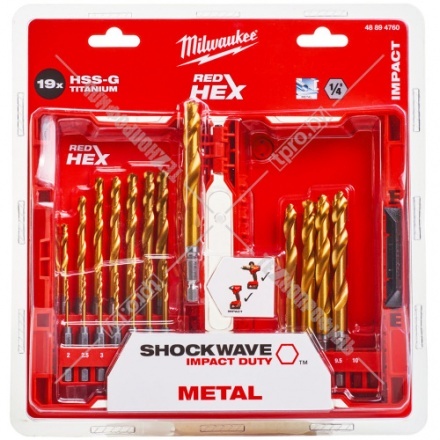Набор сверл по металлу 2-10 мм (19 шт) Shockwave HSS-G Tin Red Hex Milwaukee (48894760)