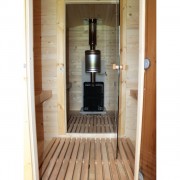 Баня квадро-бочка ComfortProm 5 метров с печным узлом, предбанником и помывочной + крыльцо