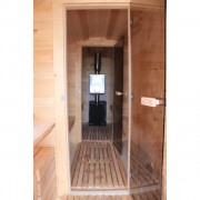 Баня-бочка ComfortProm 5 метров с печным узлом и помывочной + козырек