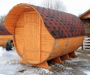 Баня-бочка ComfortProm 3 метра с печным узлом и предбанником + козырек Баня-бочка ComfortProm 3 метра с печным узлом и предбанником + козырек